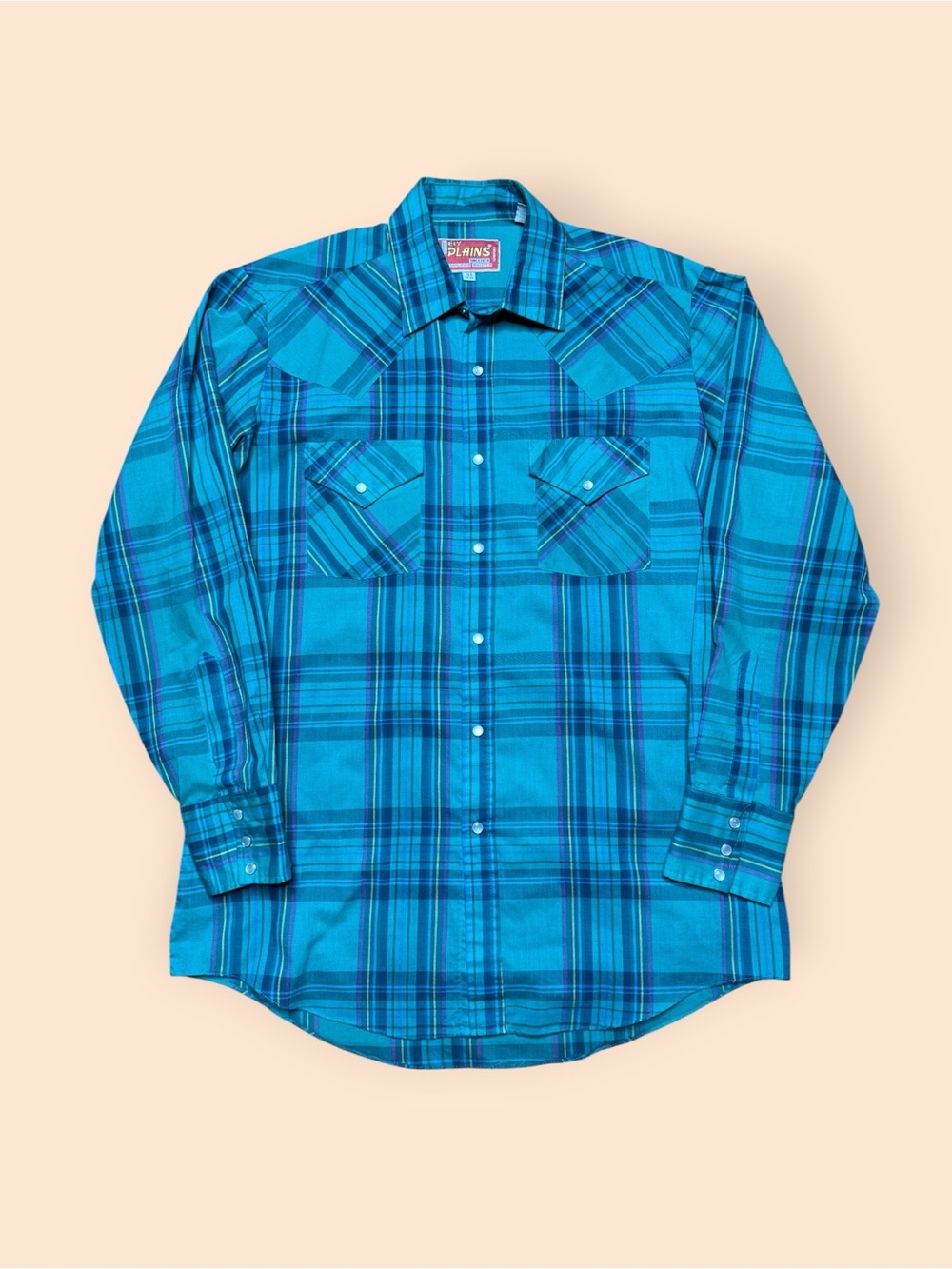 Vintage 1980s Ely Plains Western Shirt Medium Green Blue Vtg 80s